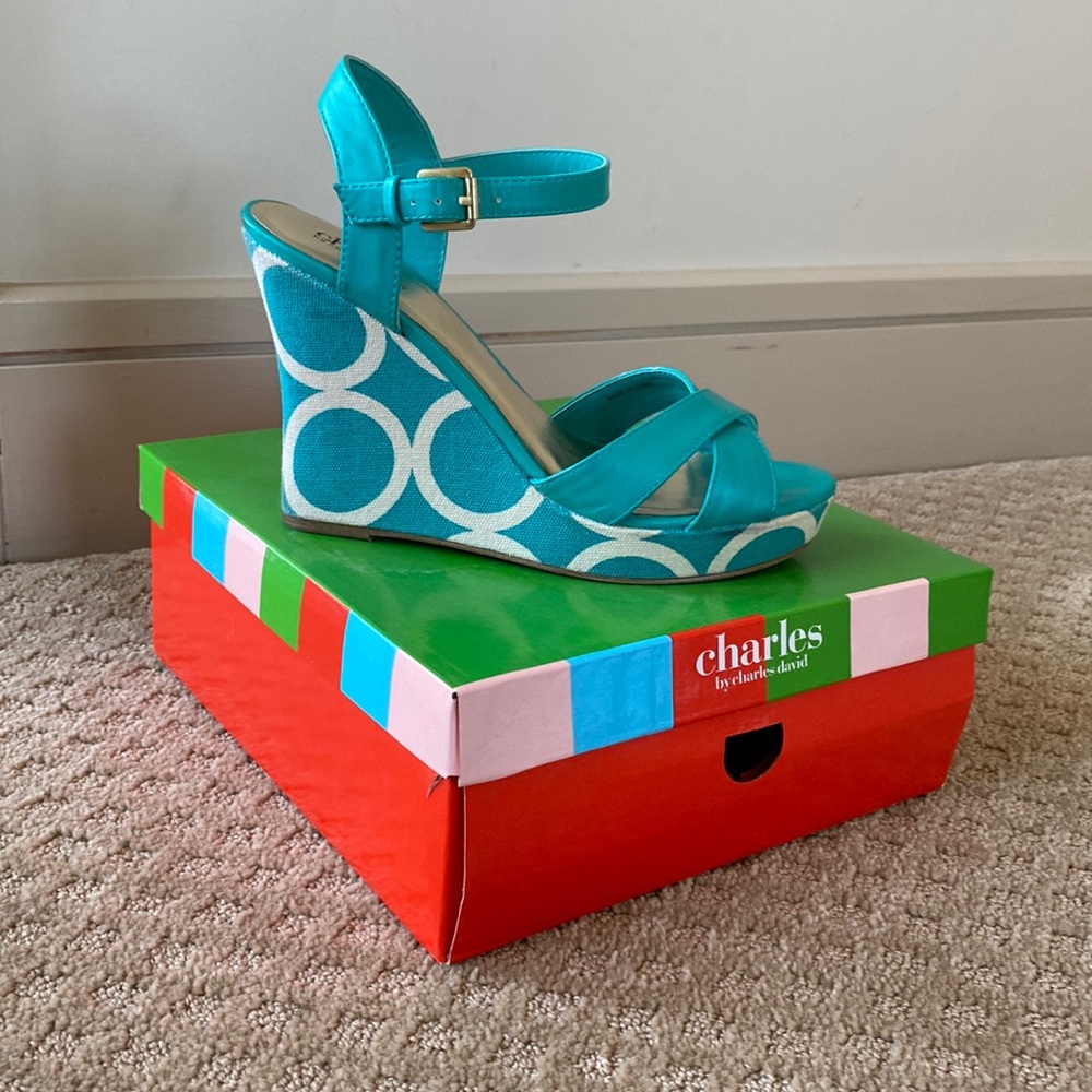 Teal wedges with patterned heel. Minimal wear